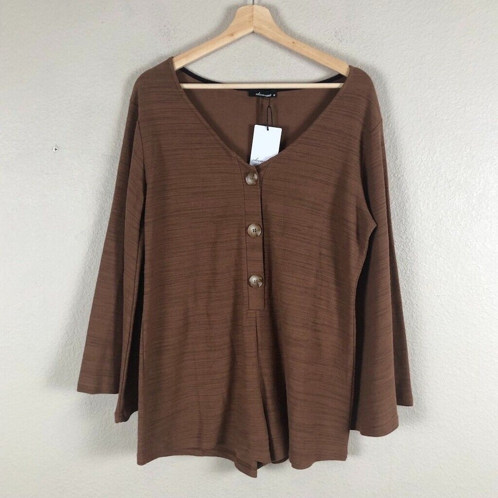 Olivaceous Bell Sleeve Romper Womens Medium Brown Button Up Long Casual New-2